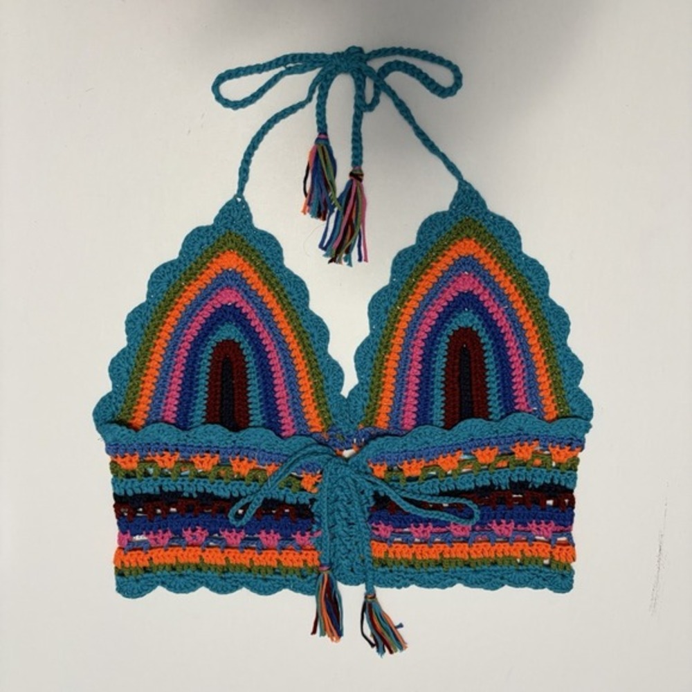 Crochet Festival Boho Crop Top M/L Indie Rainbow Dopamine Hippie Maximalist - Picture 2 of 9